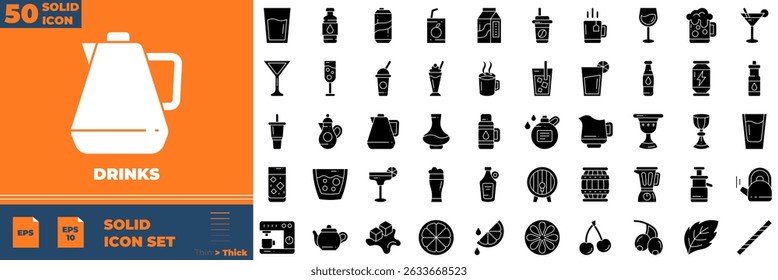 Drinks Solid Editable Icons set. Vector illustration in modern thin solid style of drinks icons: cup, water, glass, etc