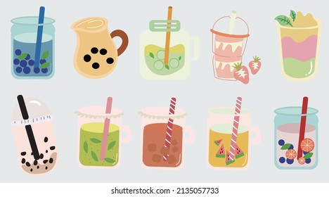 Drinks stickers collection set, cartoon style flat design Premium Vector