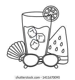 drinks and summer time objets cartoon in black and white