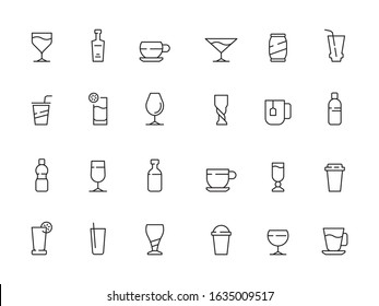 Drinks symbols. Cups and glasses of hot and cold drinks soda water coffee tea alcohol vector icons collection