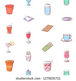 Drinks and Table setting set. Background for printing, design, web. Usable as icons. Seamless. Colored.