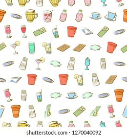 Drinks and Table setting set. Background for printing, design, web. Usable as icons. Seamless. Colored.