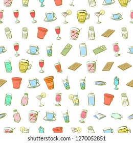 Drinks and Table setting set. Background for printing, design, web. Usable as icons. Seamless. Colored.