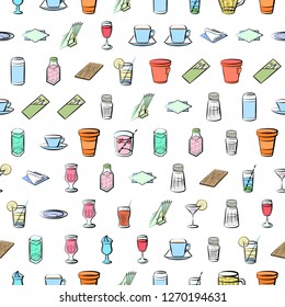 Drinks and Table setting set. Background for printing, design, web. Usable as icons. Seamless. Colored.