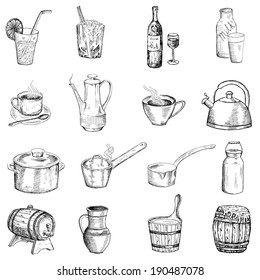 drinks and tableware. set of vector sketches