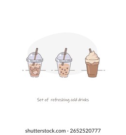 Сold drinks in takeaway cups: iced coffee, classic bubble tea with tapioca pearls, and a chocolate milkshake with whipped cream. Vector illustration set.