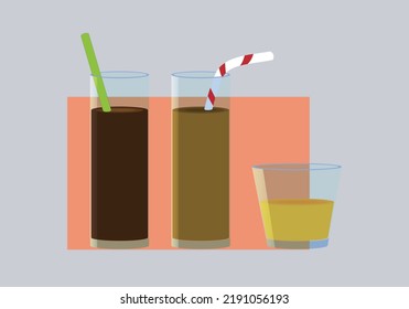 
Drinks, Tall Glass With Cola And Straw, Glass With Cocoa And Red Striped Straw And Low Glass With Orange Soda