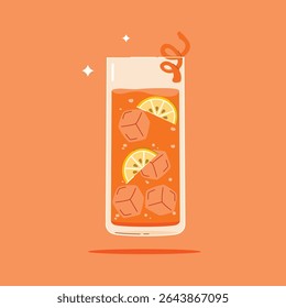 Drinks in a tall glass. Summer appetizer decorated with citrus and ice cubes. Illustration of soft and alcoholic drinks.