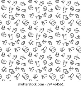 Drinks: tea, coffee, juice, beer. Black and white seamless pattern
