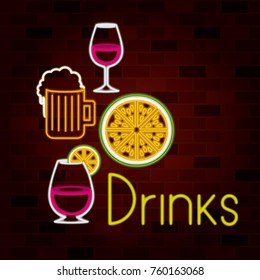 drinks text and beverage set on neon sign on brick wall