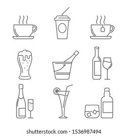drinks thin line icon set isolated on white background, black color for restaurants and fast food bars, for print, mobile applications and web design.
