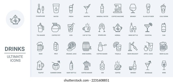 Bebe iconos de línea delgada conjunto ilustración vectorial. Menú de bebidas con agua fría, cócteles o zumos de alcohol y bebidas calientes, copas de champán y vino, cafetera y tetera