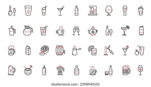 Drinks trendy red black thin line icons set vector illustration. Restaurant bar menu collection with mineral water, alcohol cocktails, fruit vitamin juice, hot coffee and tea, champagne and beer glass