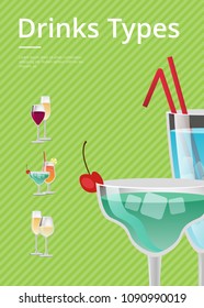 Drinks type advert poster with blue cocktails in martini glass, with straw decorated by cherry on top vector isolated on green and list of beverages