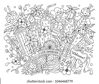 Drinks and urban buildings. Detailed colored page background. Los Angeles city skyline line art illustration. Black + white. Vector tea time doodle