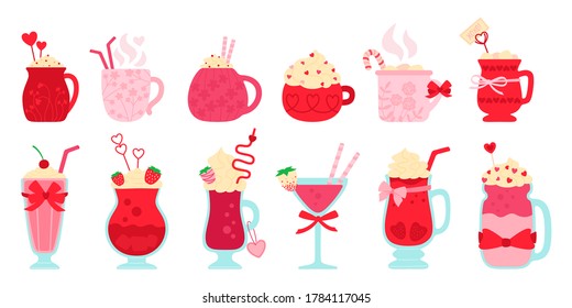 Set plano de día de bebidas con San Valentín. Cóctel de caricatura, bebidas calientes y frescas. Cacao de tazas, leche de café, crema alcohólica para el menú. Bebidas de fiesta decoradas dulces, corazones. Ilustración vectorial aislada