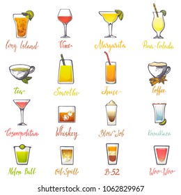 Drinks vector alcoholic beverage and drinkable cocktail with ice in glass on bar illustration set of alcohol juice refreshment isolated on white background.