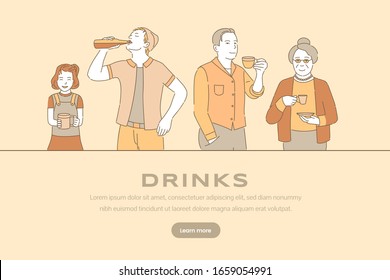 Drinks vector banner template. Happy people drinking coffee, tea and soda cartoon outline illustration. Men, girl and adult woman love hot and cold beverages vector landing page concept.