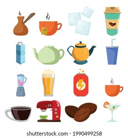 drinks vector clip art set with beer, coffee, milk box, soda, energy drink, cup of coffee, kettle, tea