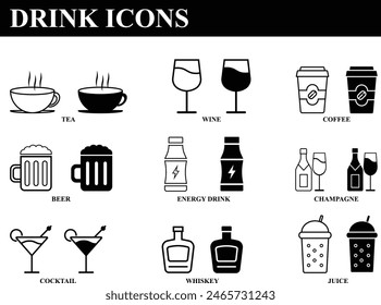 Drinks vector icon set. BW icon set of tea, wine, coffee, beer, champagne, energy drink, cocktails, whisky, juice. high quality business icon set of part drinking