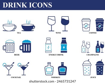 Drinks vector icon set. Colorful icon set of tea, wine, coffee, beer, champagne, energy drink, cocktails, whisky, juice. high quality business icon set of part drinking