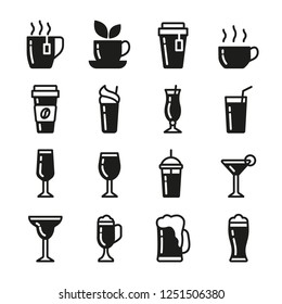 Drinks vector icons set black color. Contains icons cup of tea, coffee, glass for beer, wine, cocktail and alcohol.