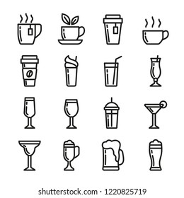 Drinks vector icons set. Contains icons cup of tea, coffee, glass for beer, wine, cocktail and alcohol. 48x48 pixels