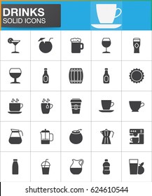 Drinks vector icons set, modern solid symbol collection, filled style pictogram pack. Signs, logo illustration. Set includes icons as wineglass, coffee, tea cup, milk, cocktail, beer mug, fruit juice