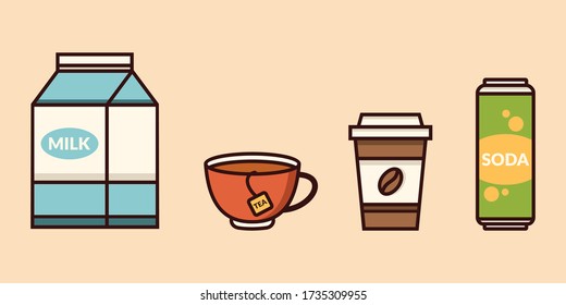 Drinks Vector Illustration. Milk, Tea, Coffee, Soda