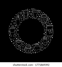 Drinks. Vector isolated illustration with coffee and tea on a black background.  Coffee drinks in Doodle style. Festive tableware for the New year's holiday.