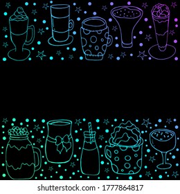 Drinks. Vector isolated illustration with coffee and tea on a black background. Festive tableware for the New year's holiday.  Doodle style. Coffee drinks.