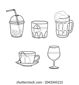 Drinks vector line art -bubble tea, whiskey, beer, tea, wine glass