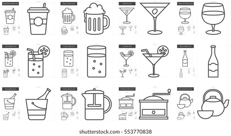 Drinks vector line icon set isolated on white background. Drinks line icon set for infographic, website or app. Scalable icon designed on a grid system.