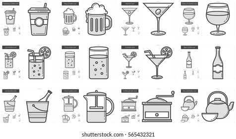 Drinks vector line icon set isolated on white background. Drinks line icon set for infographic, website or app. Scalable icon designed on a grid system.