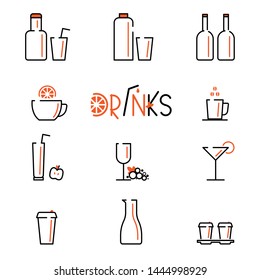 Drinks vector line icons set. Contains icons cup of tea, coffee, glass of vine, cocktail and bottles.