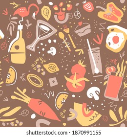 Drinks, vegetables, fruits, ingredients and meals. Seamless pattern for towel or tablecloth, recipe book cover, banner, background, menu
