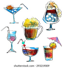 Drinks. Watercolor and ink sketches.