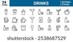 Drinks web icons in line style. Coffee, tea, soda, beer, alcohol, coctail, energy, wine, collection. Vector illustration.