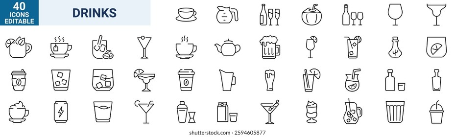 Drinks web icons in line style. Coffee, tea, soda, beer, alcohol, coctail, energy, wine, collection. Vector illustration