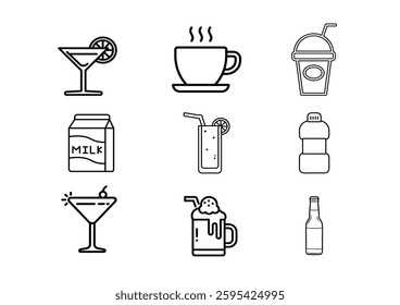 Drinks web icons in line style. Coffee, tea, soda, beer, alcohol, coctail, energy, wine, collection. Vector illustration.