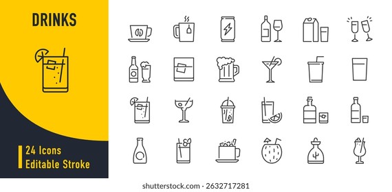 Bebe ícones da Web em estilo de linha. Café, chá, refrigerante, cerveja, álcool, coquetel, energia, vinho, coleção. Ilustração vetorial.
