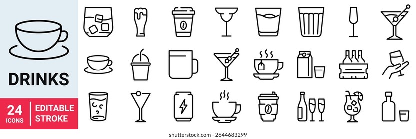 Bebe ícones da Web em estilo de linha. Café, chá, refrigerante, cerveja, álcool, coquetel, energia, vinho, coleção. Ilustração vetorial