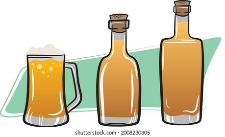 Drinks of the wild west texas. Saloon drinks Rum tequila and a frothy mug of beer. Cartoon Style Illustration of Alcohol Bottles.