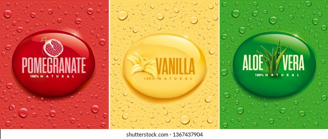 Drinks,juice background with drops aloe vera, pomegranate, vanilla	