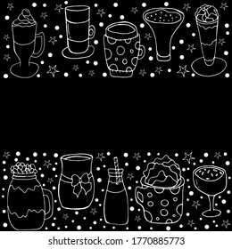 Drinks.Vector isolated illustration with coffee and tea on a black background.  Festive tableware for the New year's holiday. Coffee drinks. Doodle style. Doodle style.