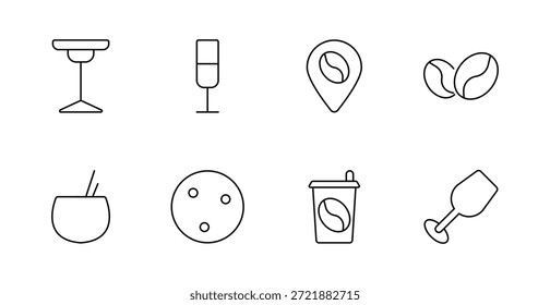 Icono de conjunto de vajilla. Vidrio de mesa, vaso de vino, alfiler de café, frijoles, tazón, posavasos, taza, vidrio roto.