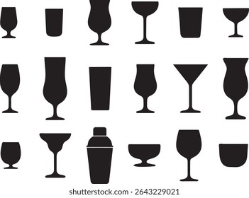 Drinkware Silhouette Set Featuring Glasses and Cocktail Shaker on a Clean White Background