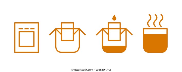 Drip-Beutel Kaffee Brauen Anleitung Icons Set. Schritt für Schritt Kochunterricht einzeln