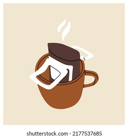 Drip bag Coffee cup. Hand drawn modern Vector illustration