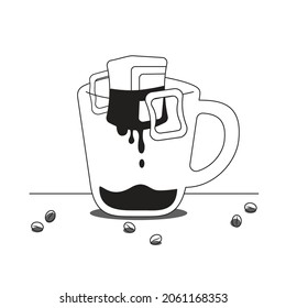 Drip Bag Coffee Cup Illustration . Vector Dripped Coffee Making Process
